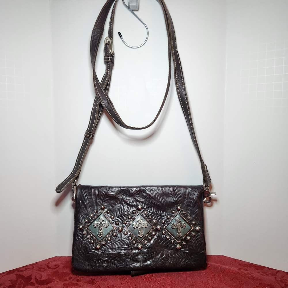 American West Chocolate Turquoise Leather Foldover Clutch  Crossbody Bag